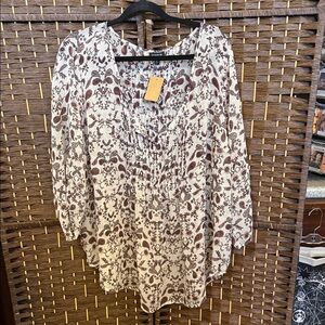 Floral V-Neck Blouse in Brown and Cream